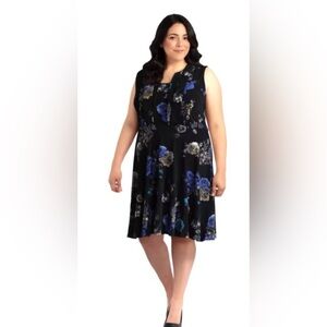 Dex Black and Blue Floral Midi Sleeveless Dress plus 1X